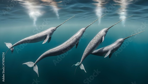 A Pod Of Narwhals With Their Long Spiraled Tusks