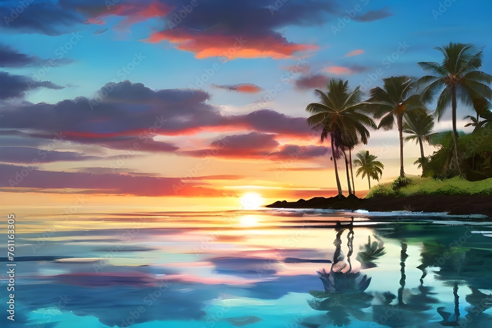Clear Aqua Blue Water with Reflection of Colorful Morning Sunrise Sky off Glassy Ocean Ripples with Silhouette of Palm Trees in Tropical Island Paradise Nature Scene on Maui Generative AI