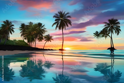Clear Aqua Blue Water with Reflection of Colorful Morning Sunrise Sky off Glassy Ocean Ripples with Silhouette of Palm Trees in Tropical Island Paradise Nature Scene on Maui Generative AI © Mirza