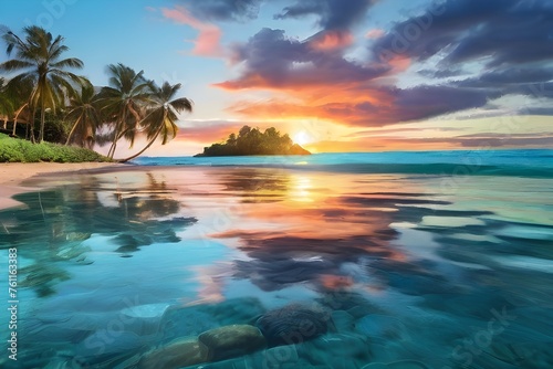 Clear Aqua Blue Water with Reflection of Colorful Morning Sunrise Sky off Glassy Ocean Ripples with Silhouette of Palm Trees in Tropical Island Paradise Nature Scene on Maui Generative AI © Mirza