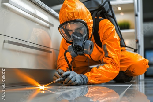 Pest control specialist wearing safety overall and mask disinfecting kitchen in an apartment with detergent spray. Home disinfection by commercial disinfecting services.