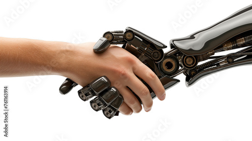 Modern robot and man hands in handshake. Concept and idea of AI technology development and human robot relationships
