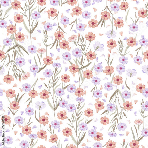 Wallpaper Mural Cute floral pattern. Seamless vector texture. An elegant template for fashionable prints. Print with purple and peach flowers on a white background. Torontodigital.ca