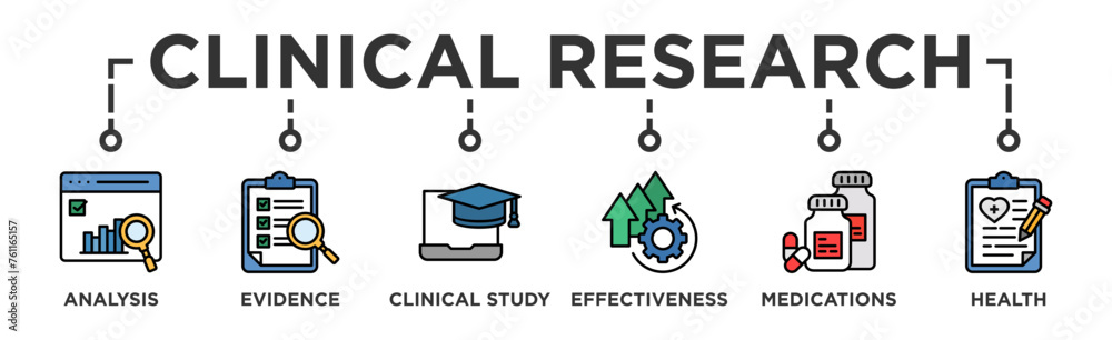 Clinical research banner web icon vector illustration concept with icon of analysis, evidence, clinical study, effectiveness, medications and health Clinical research banner web icon vector illustration concept with icon of analysis, evidence, clinical study, effectiveness, medications and health