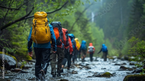Group of hikers with colorful backpacks walking along a narrow stream in a forest among lush green vegetation. Rear view. Outdoor activity, travel, tourism, hiking and people friendship concept.