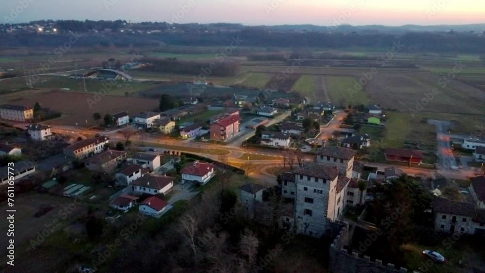 Sunset over the ancient manor of Cassacco. Friuli seen from above. Sunset over the ancient manor of Cassacco. Friuli seen from above.
