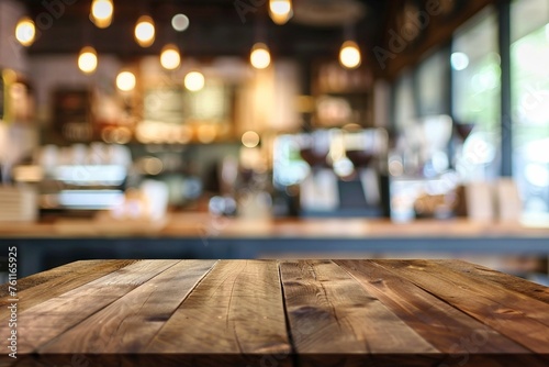 a rustic wooden board serving as an empty table, positioned in front of a blurred background reminiscent of a bustling coffee shop photo