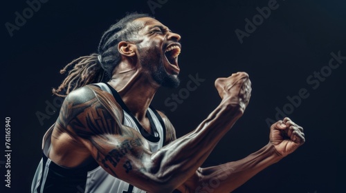 A basketball player celebrates victory, unleashing shouts of joy against the backdrop of a basketball stadium. Emotional celebration of winning the game