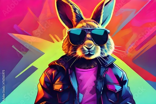 A rebellious bunny with shades and a cool jacket on a vibrant background. Generative AI