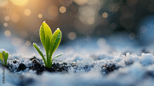 Young green sprout emerging from snowy frozen ground declering end of winter end beginning of spring season. generative ai 