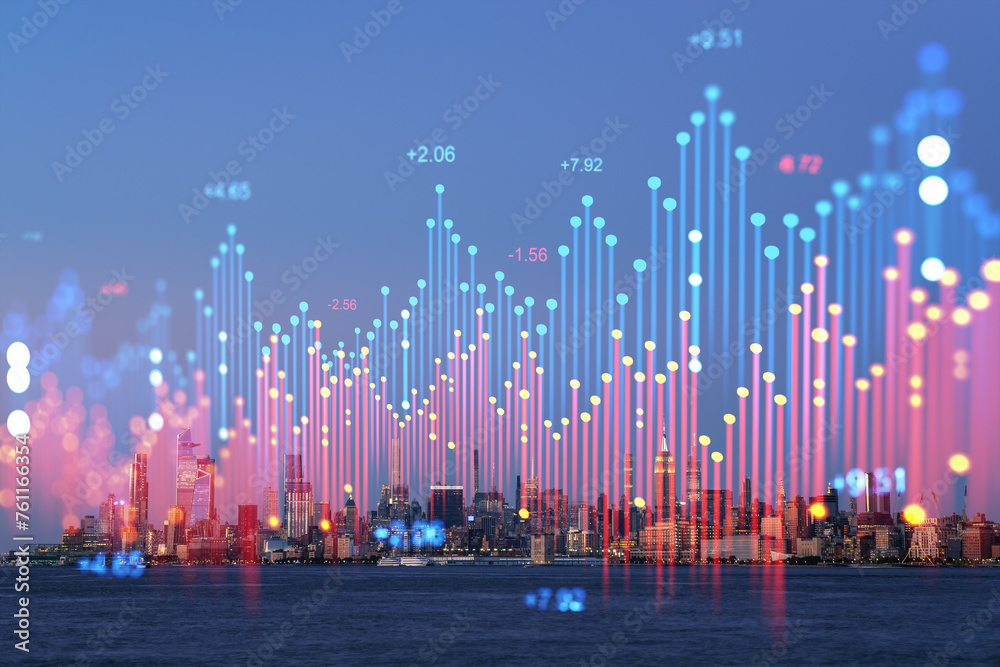 New York Manhattan skyline with a holographic overlay of stock market data, evening lighting, and water in the foreground. Concept of urban technology and business. Double exposure New York Manhattan skyline with a holographic overlay of stock market data, evening lighting, and water in the foreground. Concept of urban technology and business. Double exposure