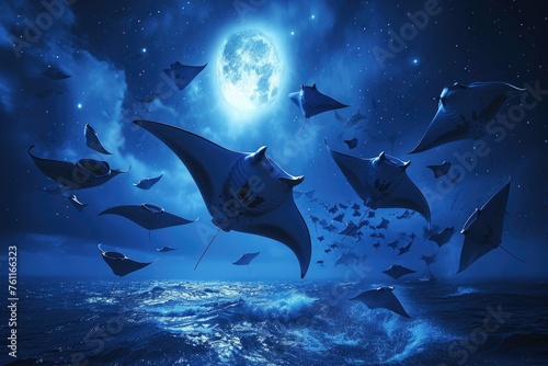 A group of fish are seen flying over the ocean under the light of a full moon, A stunning display of manta rays dancing in the moonlight above the oceanâ€™s surface, AI Generated © Iftikhar alam