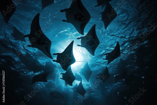 A large school of various fish species swimming together in the open ocean, A stunning display of manta rays dancing in the moonlight above the oceanâ€™s surface, AI Generated