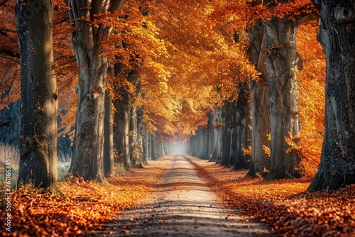 A dirt road winds through a forested area, enveloped by towering trees adorned with vibrant autumn leaves, A stunning panorama of a tree-lined avenue during fall, AI Generated