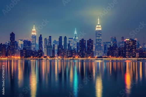 A vibrant city skyline comes to life at night, with brightly lit buildings and a bustling flow of vehicles on the streets below, A stunning panorama of the New York skyline, AI Generated