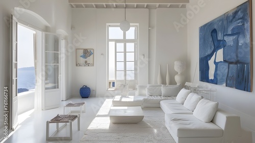 Periwinkle Ornaments Adorning a Serene, Ventilated Living Space with Innovative White Furnishings