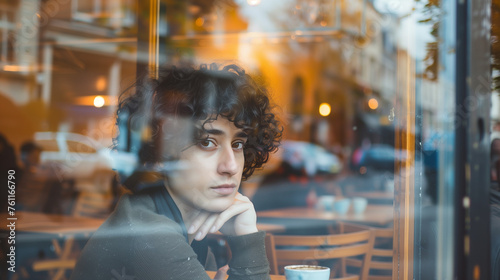 Young man gazing outside from a cafe.
