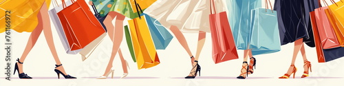 Close-up of legs and shoes of five fashionable women carrying shopping bags wearing various clothes and shoes. Close-up lower body. Illustration of fashion trend and shopping concept. Generative AI
