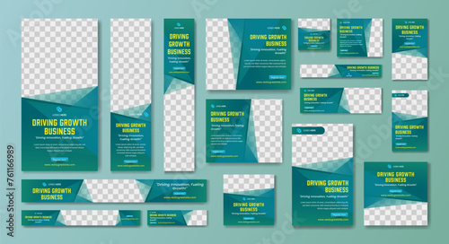 Website ads banner design template set, gradient blue and green business template premium vector