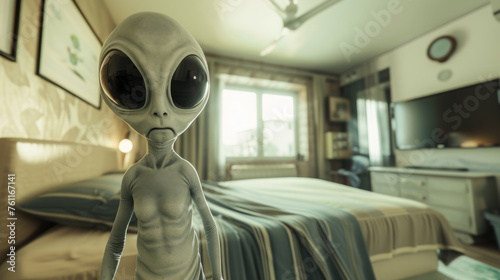 Alien invasion. Extraterrestrial alien creature in bedroom. photo