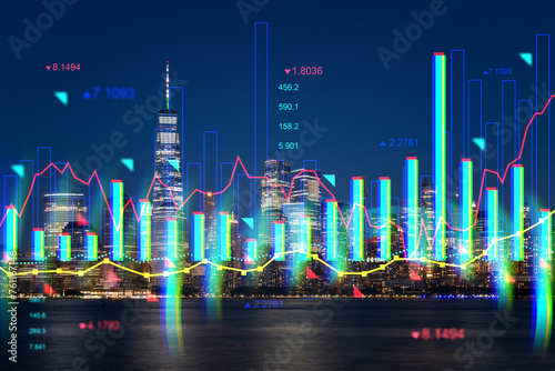 Double exposure of New York City skyline and colorful financial data graphs. Concept of urban business and technology. Double exposure