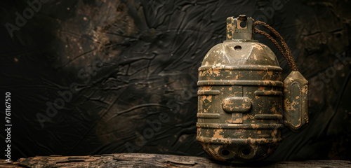 A vintage grenade, weathered in a dark, eerie setting.