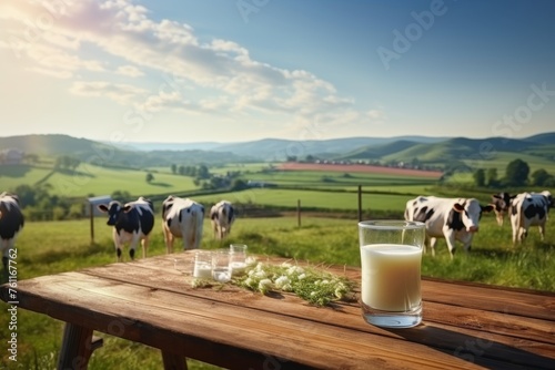 Fresh milk in glass on dark wooden tabletop and blurred landscape with cow on meadow. Healthy eating. Rustic style.