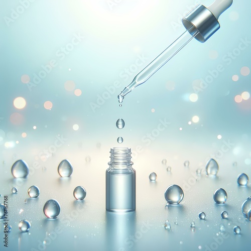  Clear liquid droplets falling from a dropper that can be used for cosmetic and medical images. photo