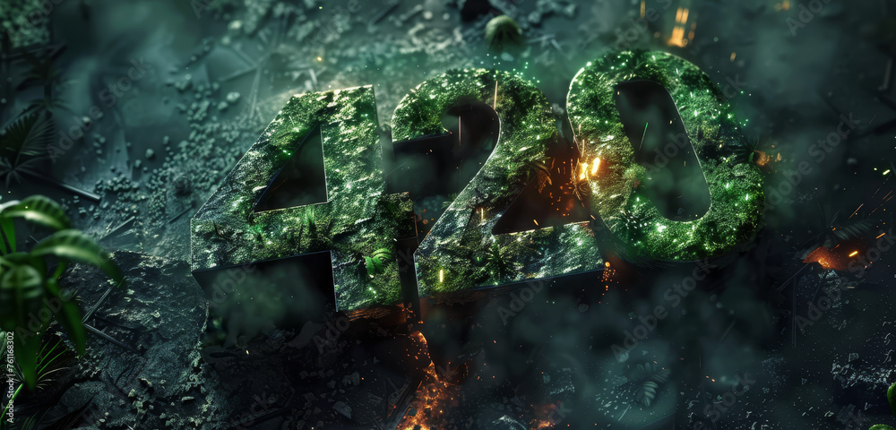 Mossy numbers 420 with green foliage and fiery sparks, enveloped in smoke. Mossy numbers 420 with green foliage and fiery sparks, enveloped in smoke.