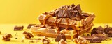 Tasty crispy waffles covered with caramel and sprinkled with nuts and chocolate on a yellow background.