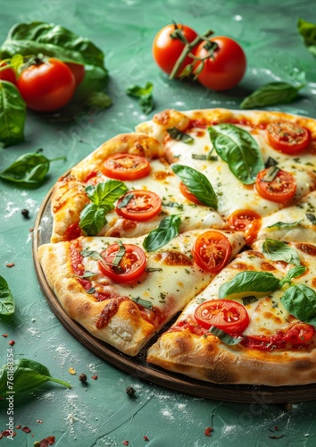 Tasty pizza with basil and tomatoes on a green background.