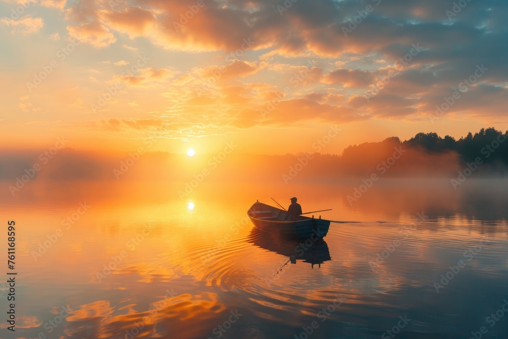 A person sits in a boat as the sun sets on a picturesque lake, A sunrise over a calm lake with a lone fisherman in a rowboat, AI Generated