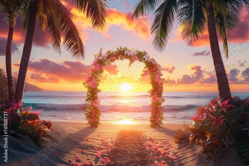 Tropical Beach With Palm Trees and Colorful Flowers, A sunset filled beach with a decorated palms pathway leading to a floral arch, AI Generated