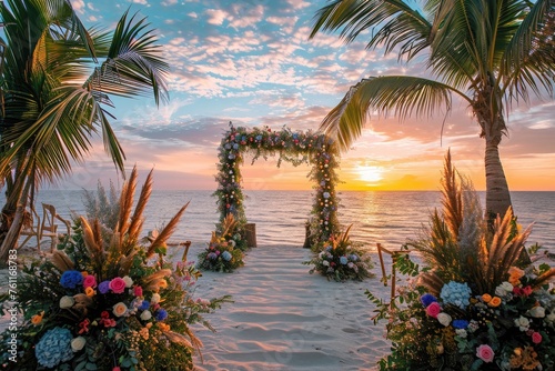 A beach wedding setup with palm trees and a beautiful display of flowers for the ceremony, A sunset filled beach with a decorated palms pathway leading to a floral arch, AI Generated