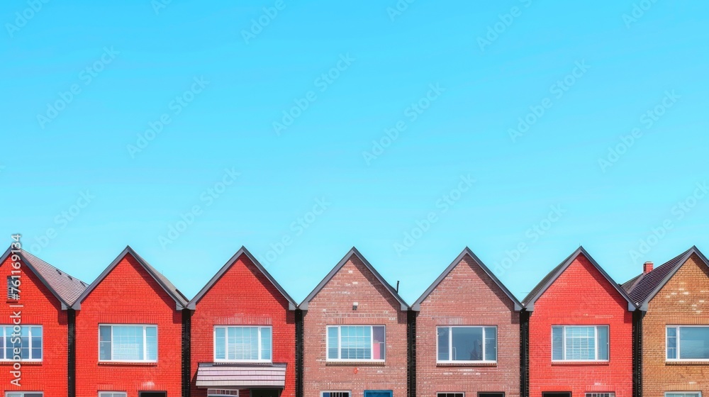 Row of brick houses standing adjacent, each displaying a unique hue of red brick against a backdrop of clear blue sky, viewed from a flat perspective. The houses are uniform in design Row of brick houses standing adjacent, each displaying a unique hue of red brick against a backdrop of clear blue sky, viewed from a flat perspective. The houses are uniform in design