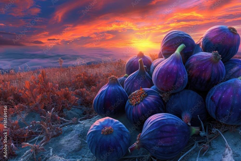 A Painting of a Colorful Sunset Over a Lush Field of Ripe Fruit, A surrealistic interpretation of ripe figs fused with a vibrant sunset, AI Generated - obrazy, fototapety, plakaty 