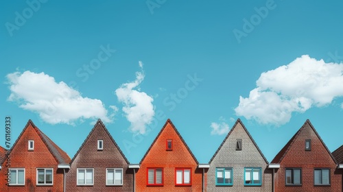 Row of brick houses standing adjacent, each displaying a unique hue of red brick against a backdrop of clear blue sky, viewed from a flat perspective. The houses are uniform in design