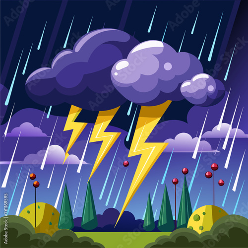 Thunderstorm with lightning and rain. Vector illustration in cartoon style.