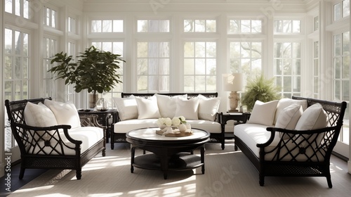 Sunroom in soft whites and ivories with black stained wood furnishings.