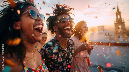 A group of exuberant individuals is tossing confetti and laughing on a rooftop at sunset.