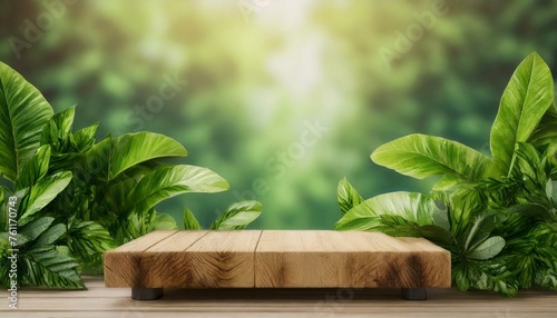 Eco-Friendly Setting  Wooden Board with Blurred Green Plants  Providing Space for Product Display  3D Render 