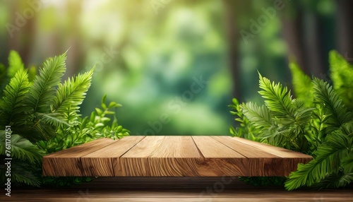 Soothing Scene: 3D Render of Wooden Board and Blurred Green Foliage, Ideal for Product Presentation