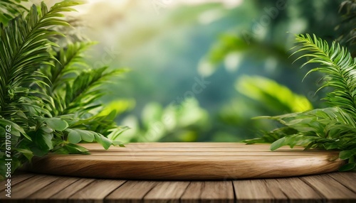 Greenery Affair: 3D Render of Wooden Board Setting with Blurred Plants, Ideal for Product Display