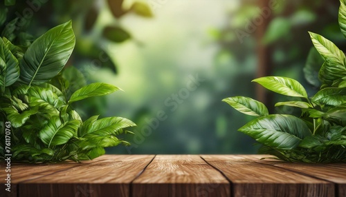 Tranquil Display  Wooden Board with Shallow Depth of Field Green Plants for Product Showcase  3D Render 