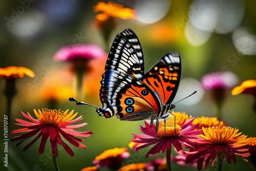  A close-up of a butterfly perched on a colorful flowers real and original.