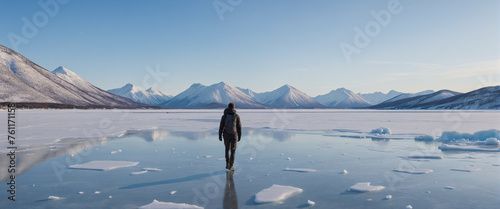 solo traveler walking over frozen lake discovering the winter landscape rear view of man standing looking at snow covered frozen mountain wilderness