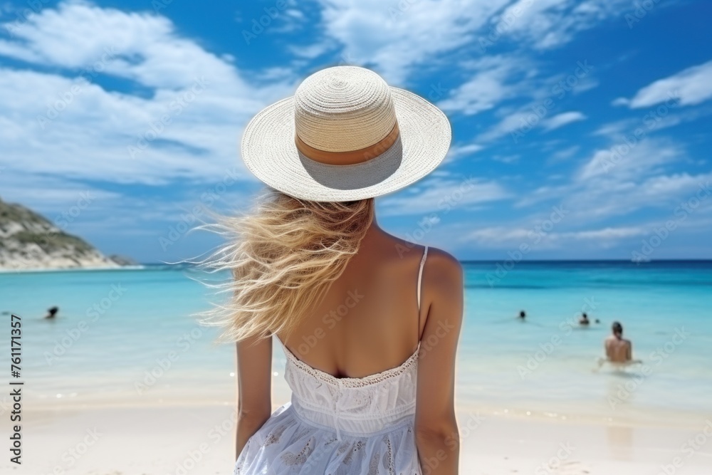 Woman in White Dress and Hat on Beach. Generative AI