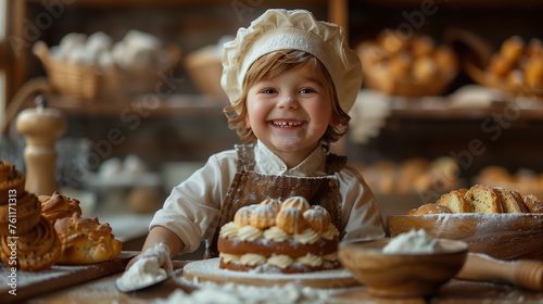 The Joyful Little Pastry Chef, a young child, dressed in a baker's outfit surrounded by an array of freshly baked goods.