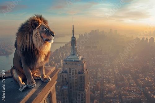 a lion on top of a tall building in the city photo