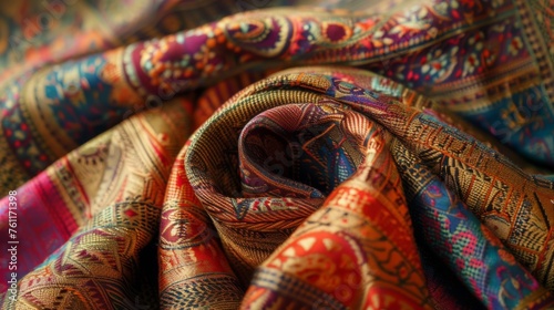 Exquisite folds adorn this traditional oriental fabric, showcasing intricate Indian patterns